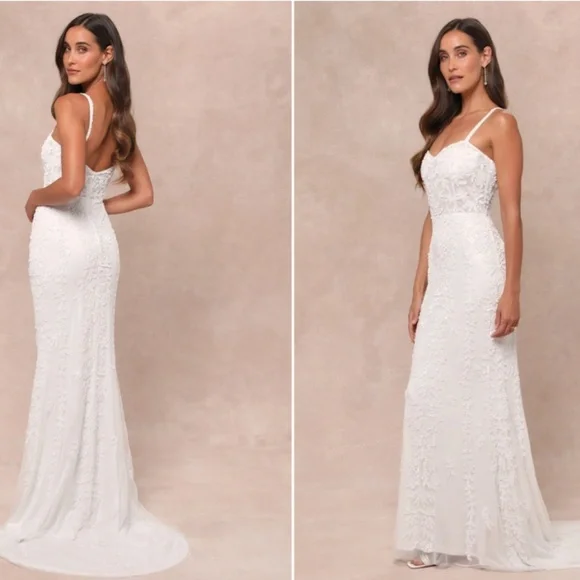 LULUS Bridal Wedding Elegant Sophisticated STUNNING Beaded Mermaid Gown